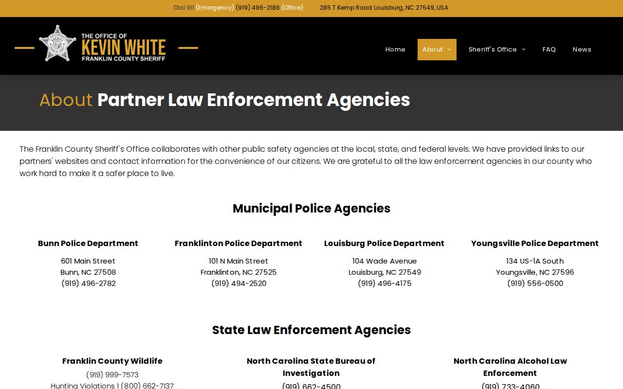 Franklin County Sheriff's Office partner-agency listing with Youngsville Police Department's current address and phone