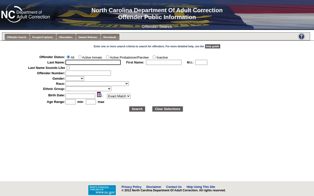 North Carolina DAC offender search interface